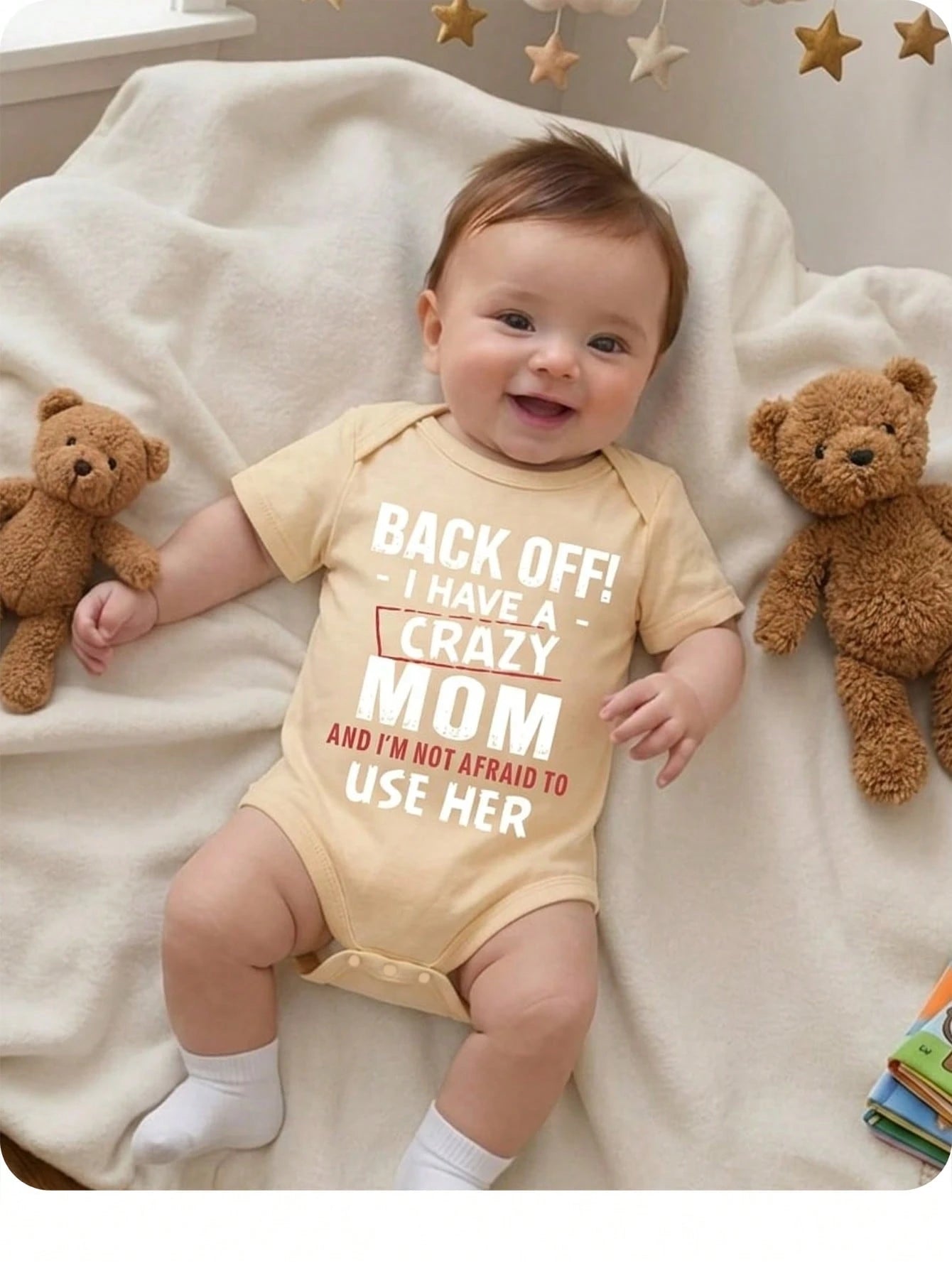 Back Off, I Have A Crazy Mom And I Am Not Afraid To Use Her, Baby Boy Casual Cartoon Pattern Short Sleeve Bodysuit, Suitable For Spring/Summer