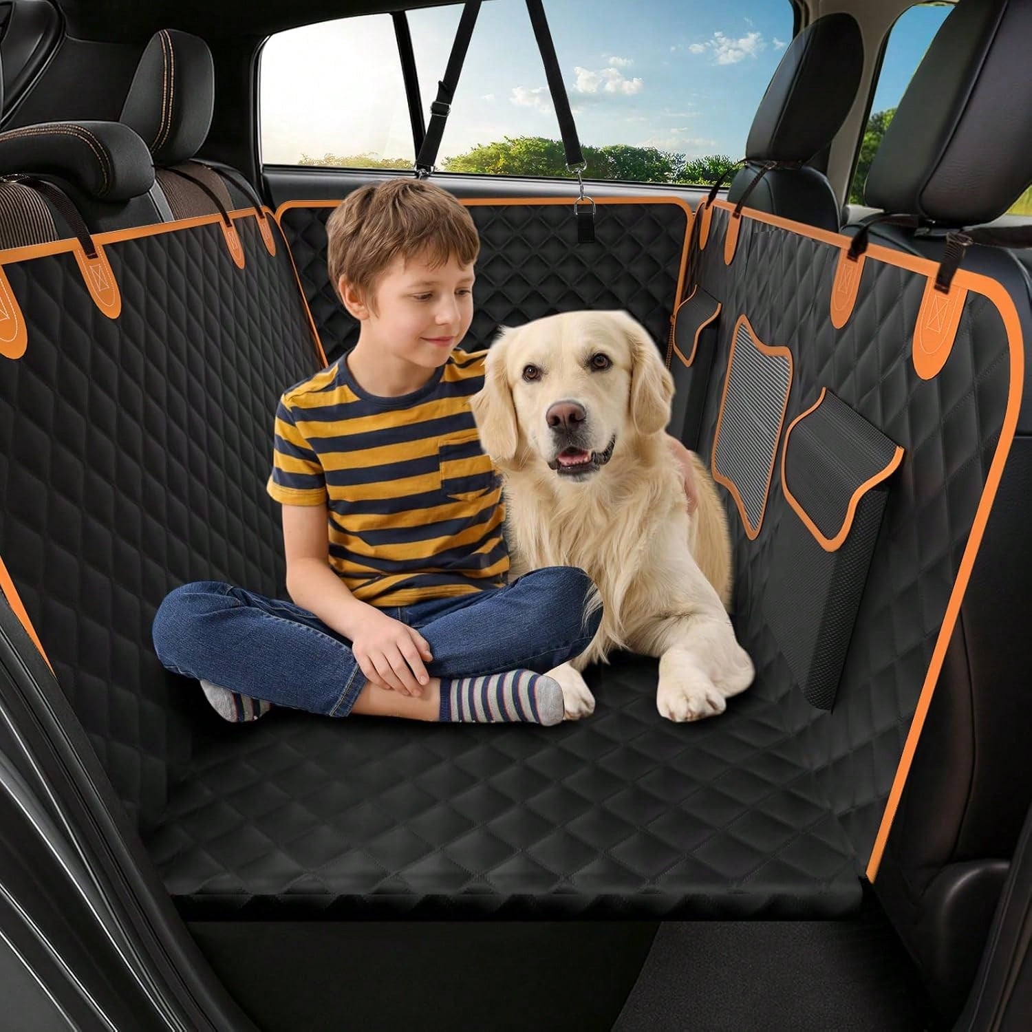 Back Seat Extender For Dogs- Holds 450lbs, Waterproof Dog Car Seat Cover For Back Seat With Hard Bottom For Cars SUVs Truck,Anti-Scratch No Slip Large Space Pet Backseat Protector,Black Orange