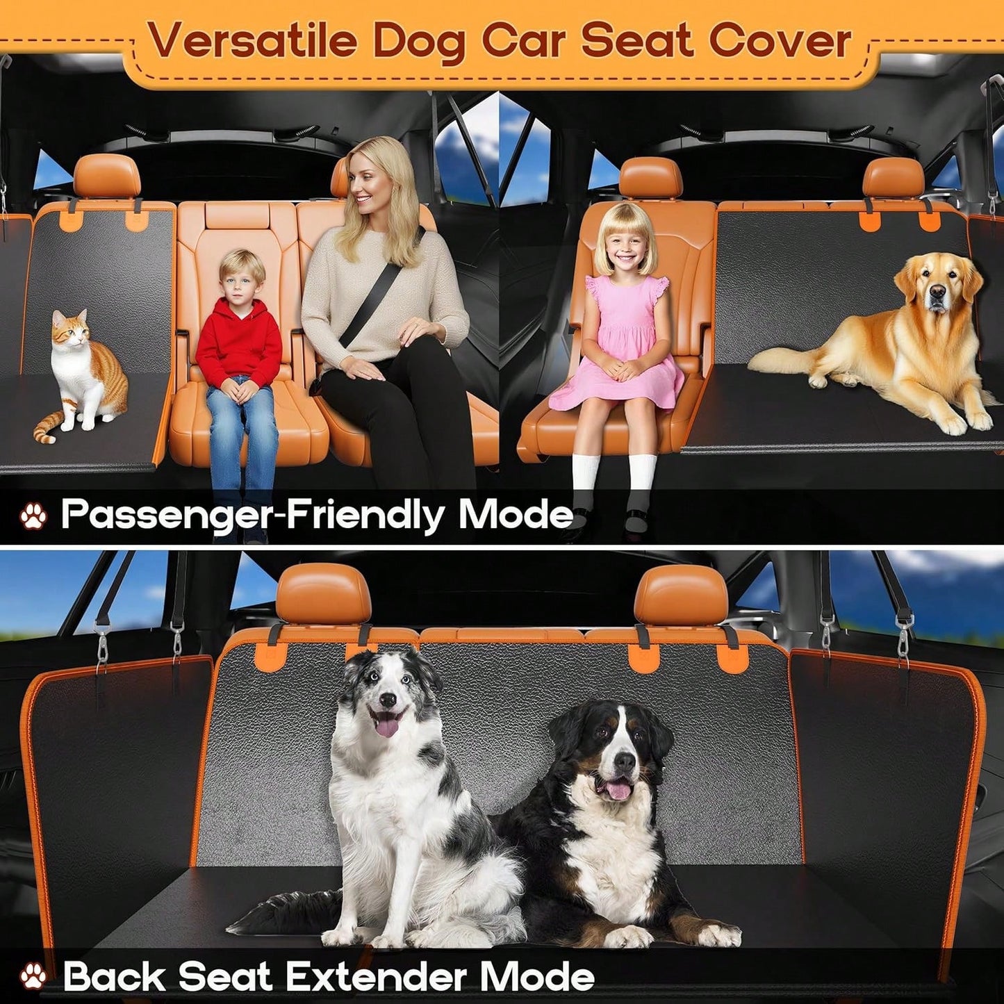 Back Seat Extender For Dogs- Holds 450lbs, Waterproof Dog Car Seat Cover For Back Seat With Hard Bottom For Cars SUVs Truck,Anti-Scratch No Slip Large Space Pet Backseat Protector,Black Orange