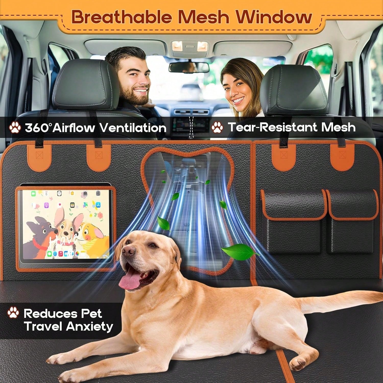 Back Seat Extender For Dogs- Holds 450lbs, Waterproof Dog Car Seat Cover For Back Seat With Hard Bottom For Cars SUVs Truck,Anti-Scratch No Slip Large Space Pet Backseat Protector,Black Orange