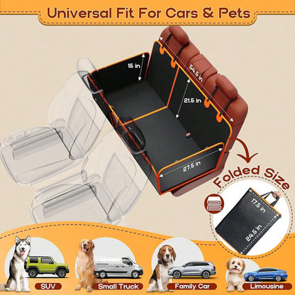 Back Seat Extender For Dogs- Holds 450lbs, Waterproof Dog Car Seat Cover For Back Seat With Hard Bottom For Cars SUVs Truck,Anti-Scratch No Slip Large Space Pet Backseat Protector,Black Orange