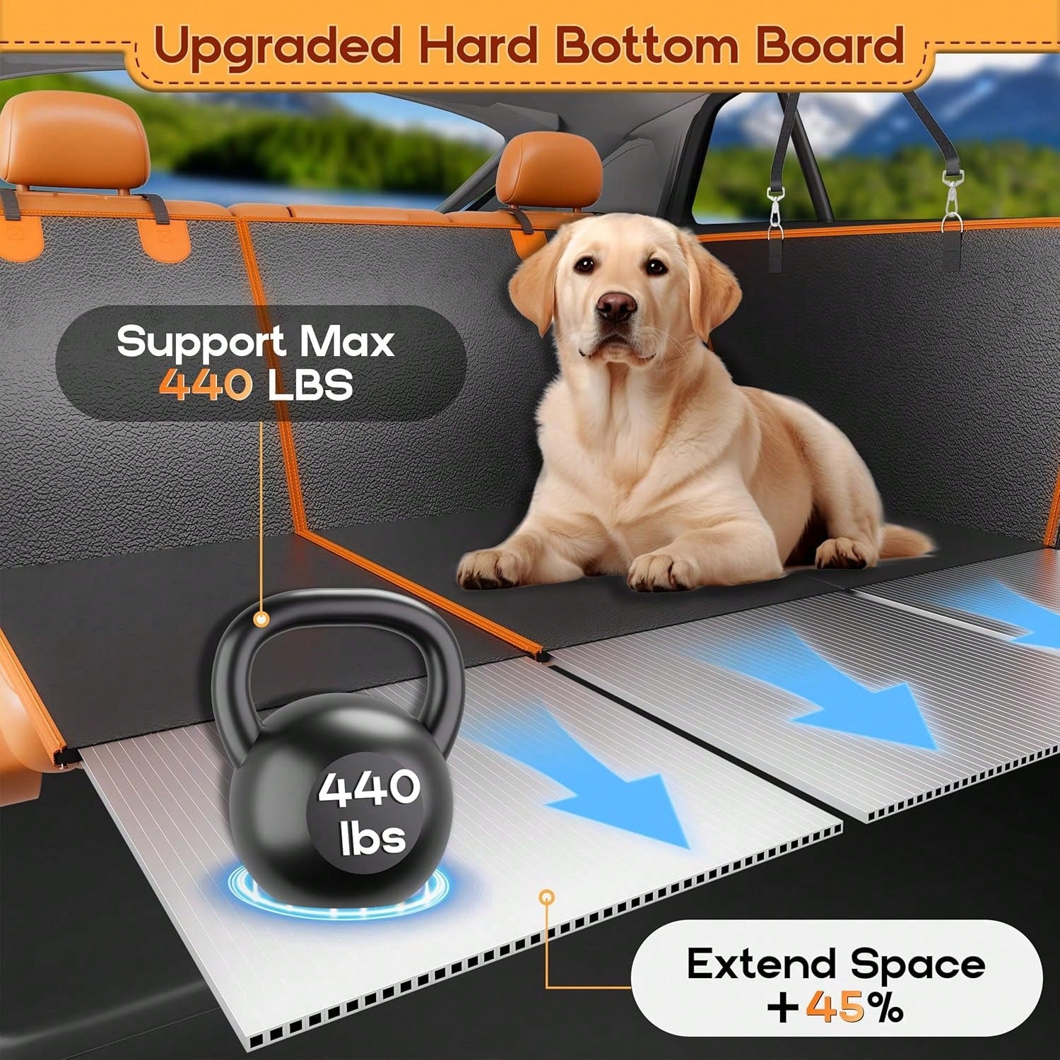 Back Seat Extender For Dogs- Holds 450lbs, Waterproof Dog Car Seat Cover For Back Seat With Hard Bottom For Cars SUVs Truck,Anti-Scratch No Slip Large Space Pet Backseat Protector,Black Orange