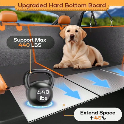 Back Seat Extender For Dogs- Holds 450lbs, Waterproof Dog Car Seat Cover For Back Seat With Hard Bottom For Cars SUVs Truck,Anti-Scratch No Slip Large Space Pet Backseat Protector,Black Orange