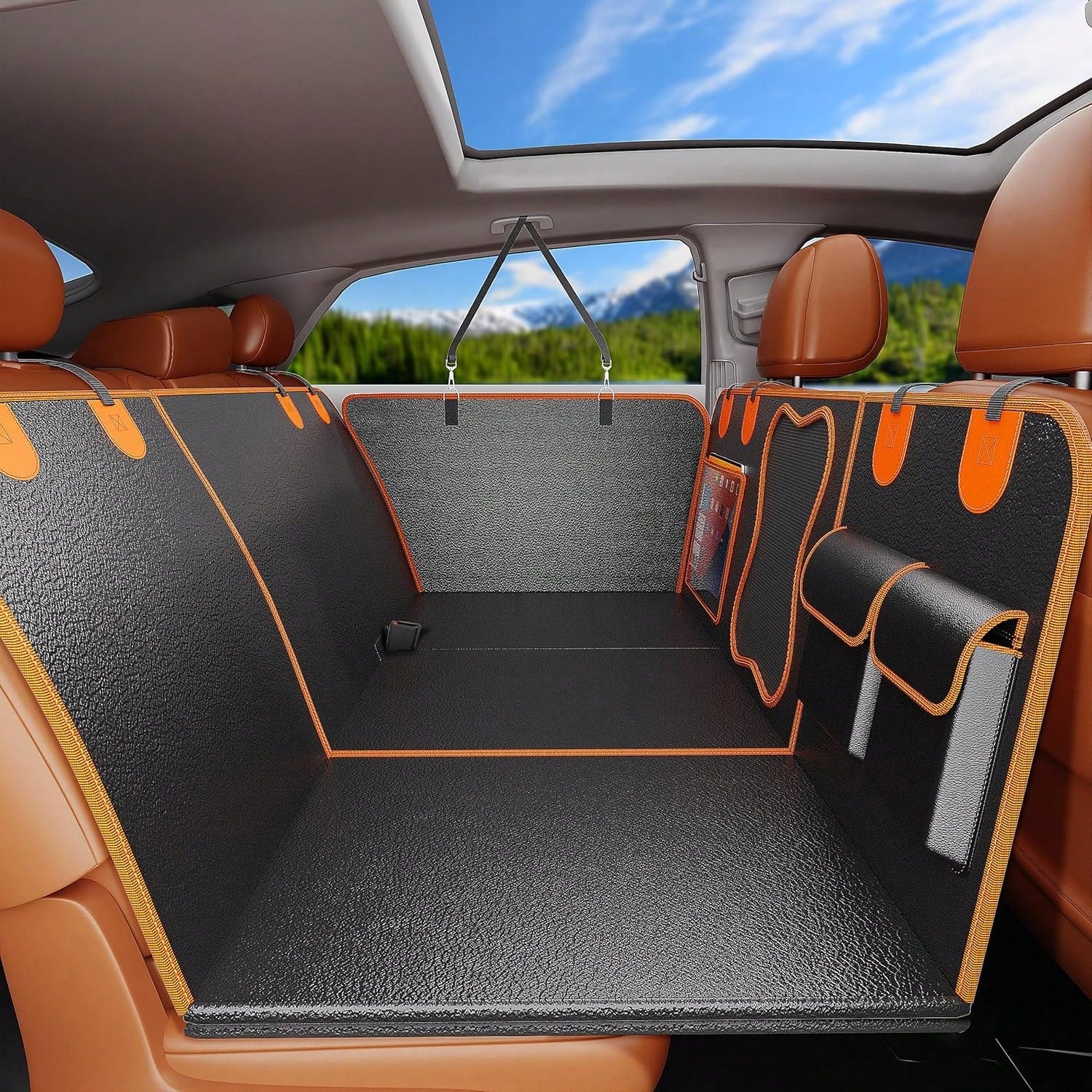 Back Seat Extender For Dogs- Holds 450lbs, Waterproof Dog Car Seat Cover For Back Seat With Hard Bottom For Cars SUVs Truck,Anti-Scratch No Slip Large Space Pet Backseat Protector,Black Orange