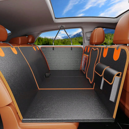 Back Seat Extender For Dogs- Holds 450lbs, Waterproof Dog Car Seat Cover For Back Seat With Hard Bottom For Cars SUVs Truck,Anti-Scratch No Slip Large Space Pet Backseat Protector,Black Orange
