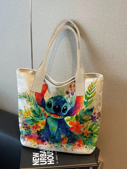 Back To School Season Disney Cute Cartoon Stitch Pattern Print Tote Bag, Suitable For Women's Daily Shopping And Gatherings, Casual Style Tote Bag