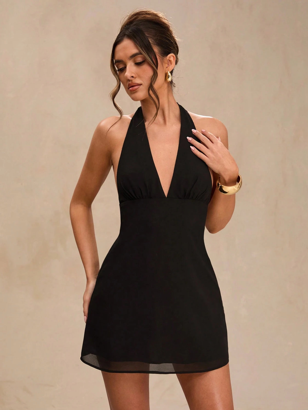 BAE Black Deep Draped Neck Halter Backless Sexy Chiffon Mini Dress For Women, Spring/Summer,Summer Dresses For Women