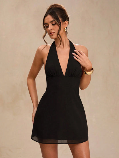 BAE Black Deep Draped Neck Halter Backless Sexy Chiffon Mini Dress For Women, Spring/Summer,Summer Dresses For Women