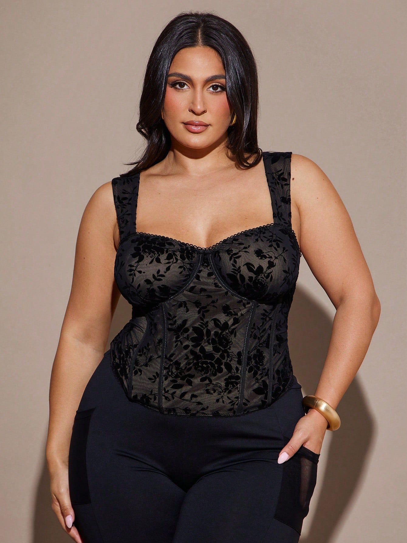 BAE Plus Size Women Flocked Patchwork Lace Trim Cami Top, Party Elegant Formal Wedding Fall, Birthday Black Valentine's Day, Valentine Halloween