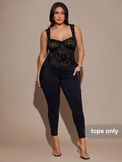 BAE Plus Size Women Flocked Patchwork Lace Trim Cami Top, Party Elegant Formal Wedding Fall, Birthday Black Valentine's Day, Valentine Halloween