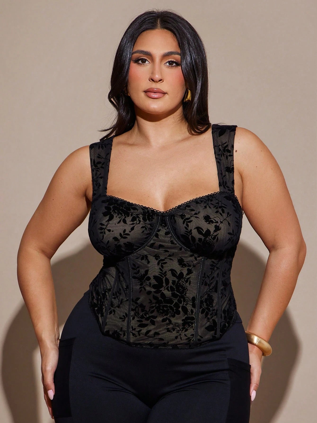 BAE Plus Size Women Flocked Patchwork Lace Trim Cami Top, Party Elegant Formal Wedding Fall, Birthday Black Valentine's Day, Valentine Halloween