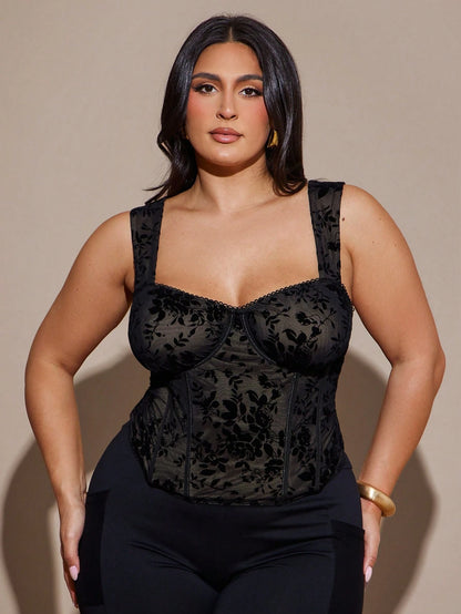 BAE Plus Size Women Flocked Patchwork Lace Trim Cami Top, Party Elegant Formal Wedding Fall, Birthday Black Valentine's Day, Valentine Halloween