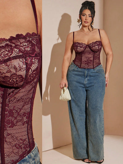 BAE Plus Size Women's Burgundy Lace Camisole Top,Red Corset,Pink Floral,Autumn,Elegant,Night Out Club,Valentine's Day,Holiday,Festival,Y2K,Work Tops