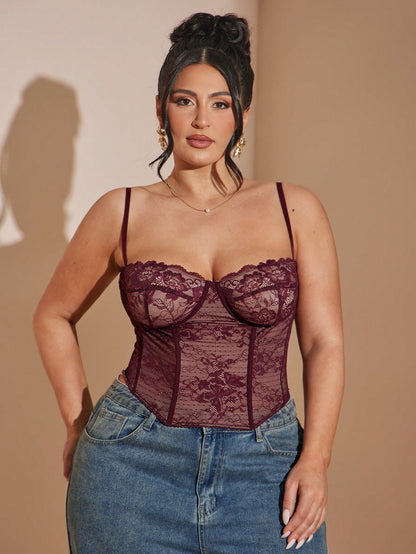 BAE Plus Size Women's Burgundy Lace Camisole Top,Red Corset,Pink Floral,Autumn,Elegant,Night Out Club,Valentine's Day,Holiday,Festival,Y2K,Work Tops