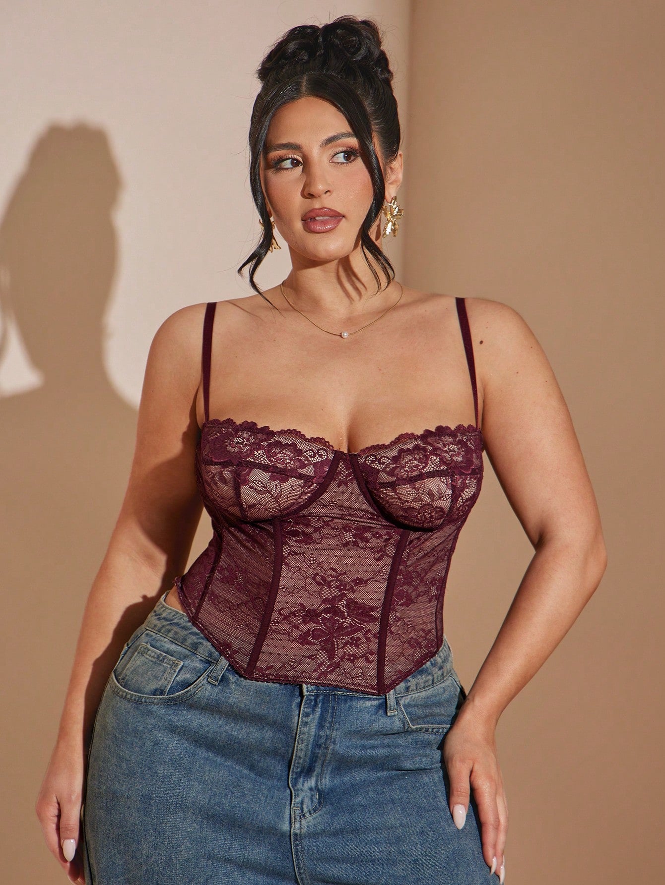 BAE Plus Size Women's Burgundy Lace Camisole Top,Red Corset,Pink Floral,Autumn,Elegant,Night Out Club,Valentine's Day,Holiday,Festival,Y2K,Work Tops