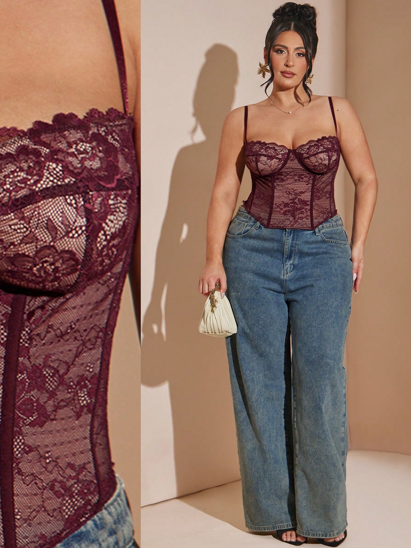 BAE Plus Size Women's Burgundy Lace Camisole Top,Red Corset,Pink Floral,Autumn,Elegant,Night Out Club,Valentine's Day,Holiday,Festival,Y2K,Work Tops