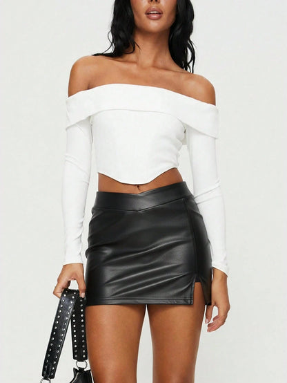 BAE Women's Casual Elegant Low Waist Slit PU Bodycon Mini Skirt New Year Party