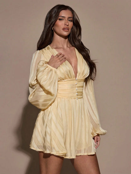 BAE Women's Elegant Light Yellow Lantern Sleeve Mini Dress,Summer Elegant Dinner Date Party Outfit,Textured Birthday Afternoon Tea Valentine Outfits Fall
