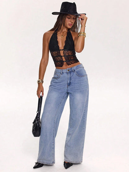 BAE Women's Lace Panel Hollow Out Halter Neck Camisole Top, Black Summer Techno Club Party Night Out Rave Outfits, Western Sexy Wear For Music Festival