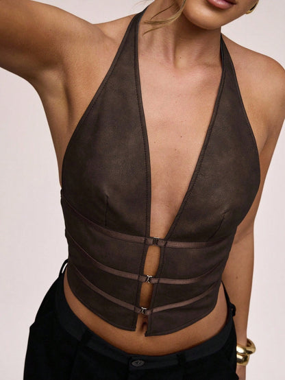 BAE Women's Lace Panel Hollow Out Halter Neck Camisole Top, Black Summer Techno Club Party Night Out Rave Outfits, Western Sexy Wear For Music Festival