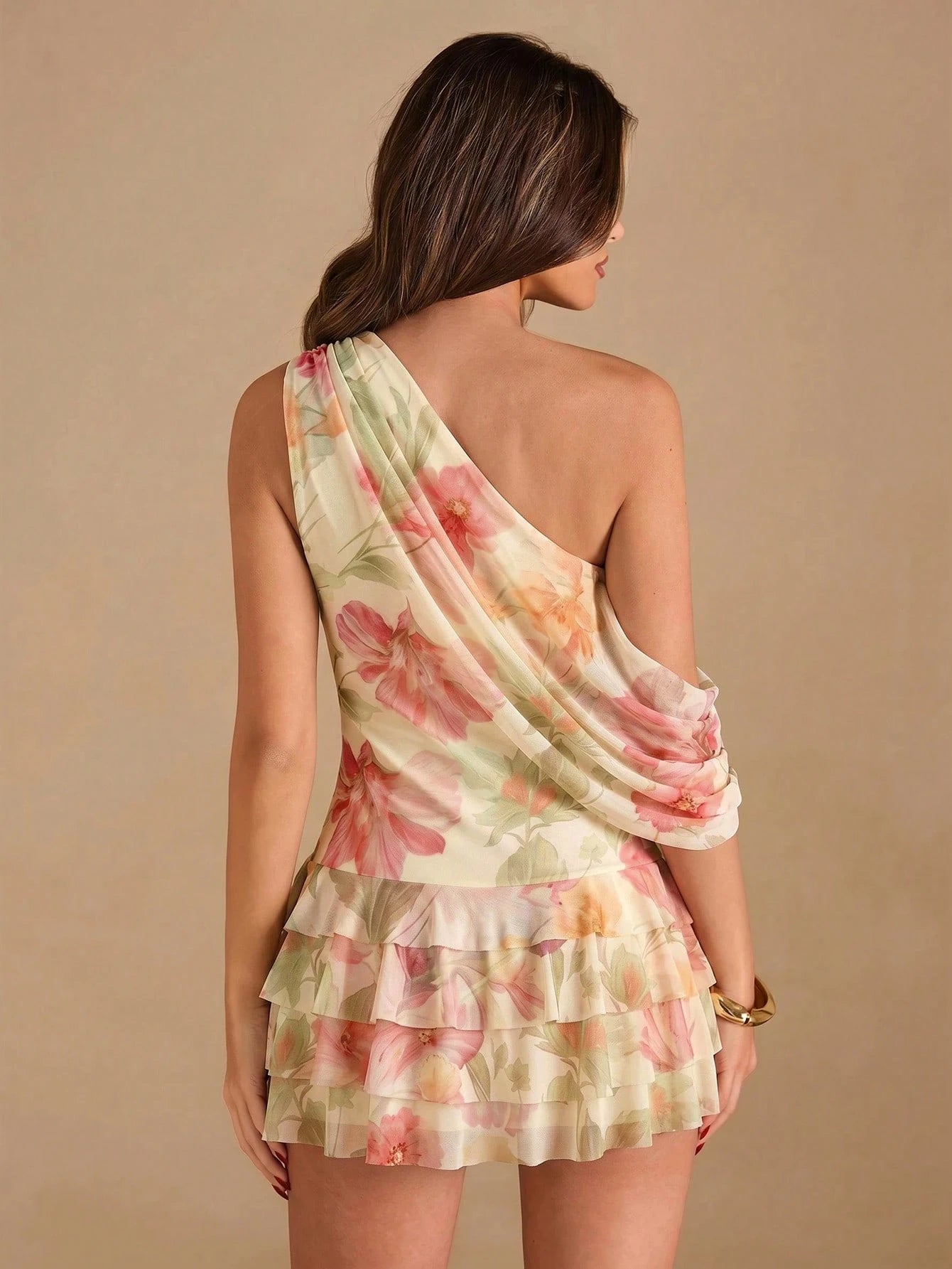 BAE Women's Light Yellow Summer Tropical Holiday Vacation Floral Dress,Asymmetrical Shoulder Ruffle Hem Bodycon Mini Wedding Brunch Cocktail Sexy