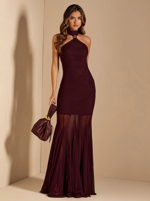 BAE Women's Solid Burgundy Halter Metal Buckle Decor Sheer Dress, Elegant Sexy Wedding Dinner Guest Dress, Birthday Dress, Graceful Dress Summer