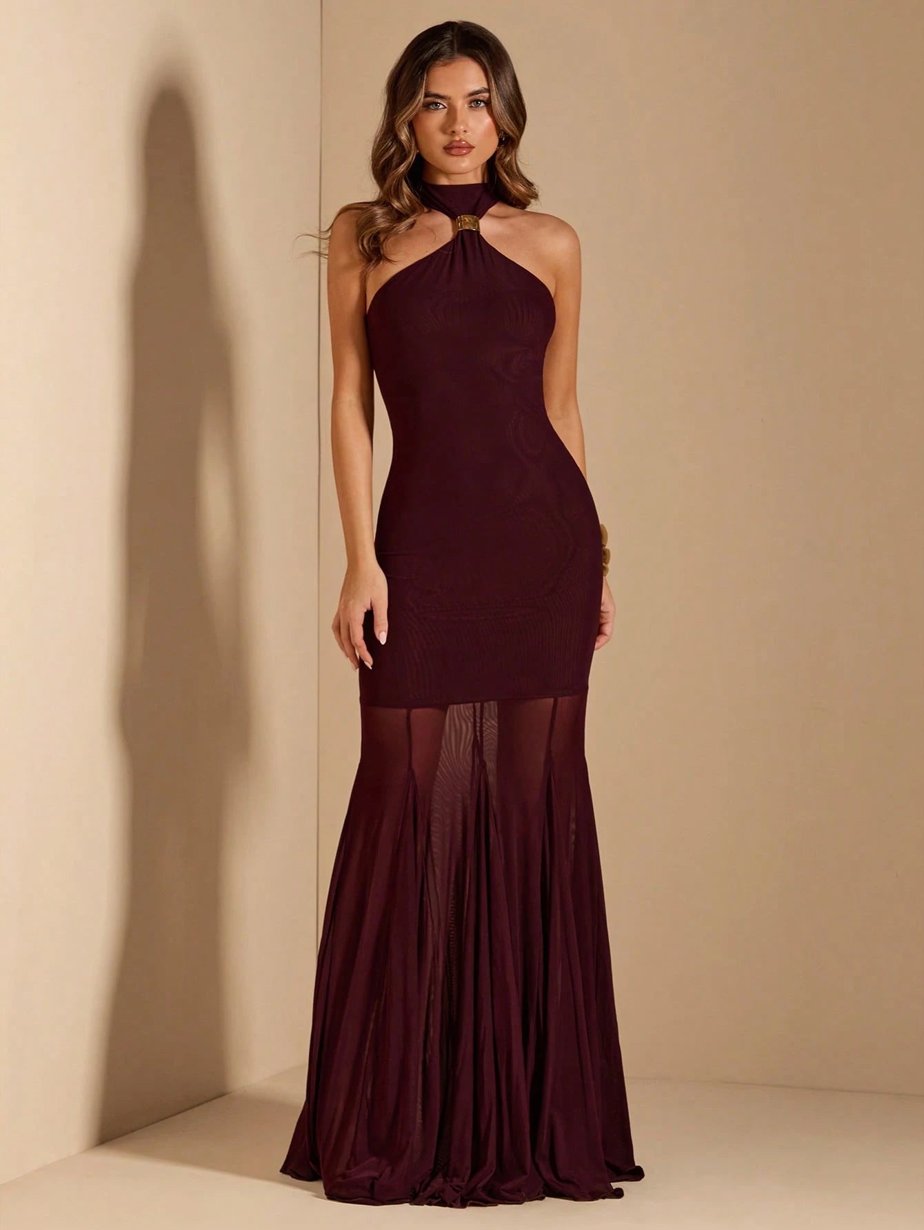 BAE Women's Solid Burgundy Halter Metal Buckle Decor Sheer Dress, Elegant Sexy Wedding Dinner Guest Dress, Birthday Dress, Graceful Dress Summer
