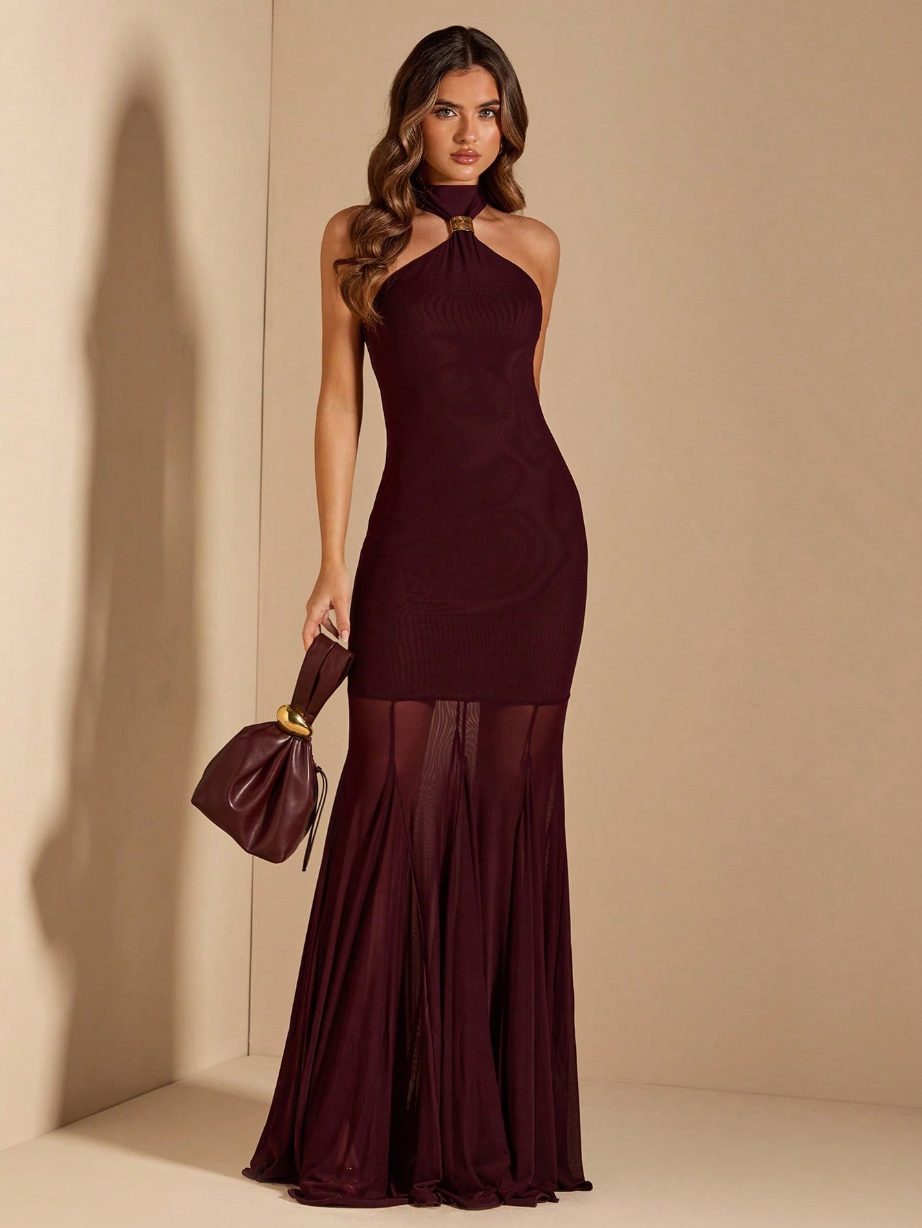 BAE Women's Solid Burgundy Halter Metal Buckle Decor Sheer Dress, Elegant Sexy Wedding Dinner Guest Dress, Birthday Dress, Graceful Dress Summer
