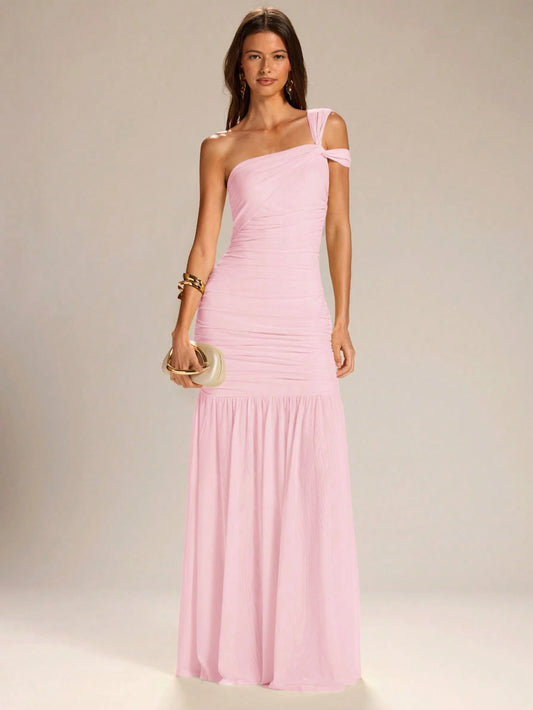 BAE Women's Solid Yellow Asymmetrical Shoulder A-Line Dress, Elegant Vacation Dress, Bridesmaid Dress, Suitable For Graduation Season,Wedding Guest Dress Women