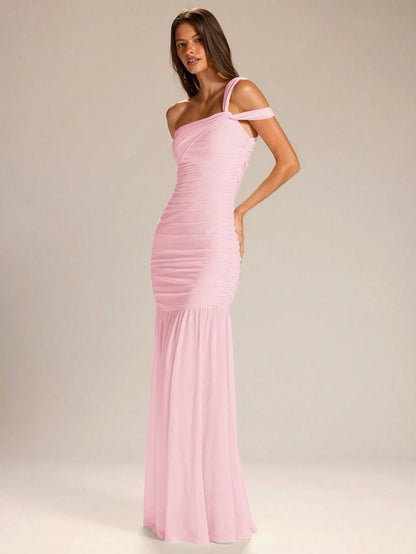 BAE Women's Solid Yellow Asymmetrical Shoulder A-Line Dress, Elegant Vacation Dress, Bridesmaid Dress, Suitable For Graduation Season,Wedding Guest Dress Women