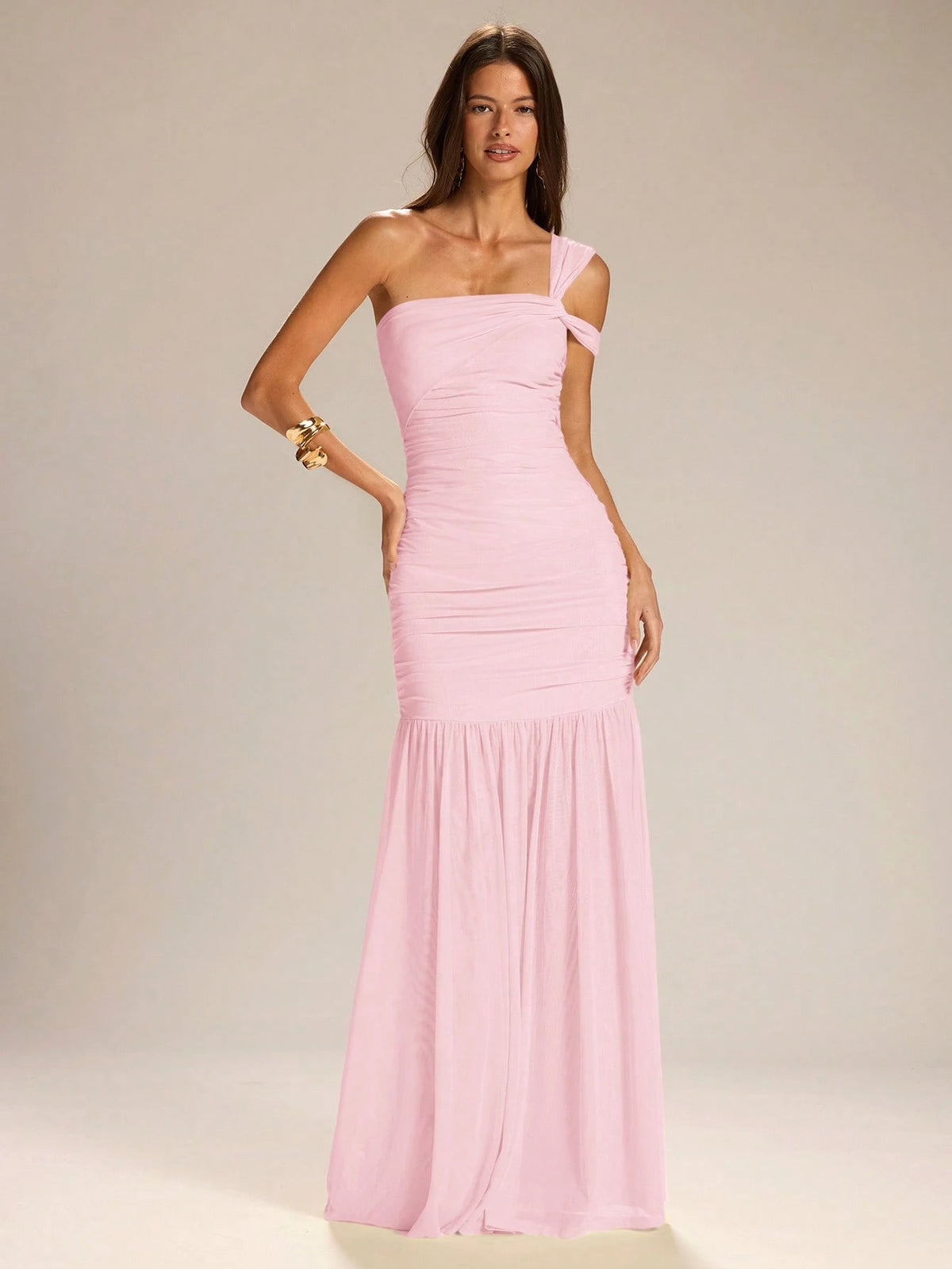BAE Women's Solid Yellow Asymmetrical Shoulder A-Line Dress, Elegant Vacation Dress, Bridesmaid Dress, Suitable For Graduation Season,Wedding Guest Dress Women