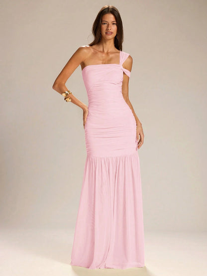 BAE Women's Solid Yellow Asymmetrical Shoulder A-Line Dress, Elegant Vacation Dress, Bridesmaid Dress, Suitable For Graduation Season,Wedding Guest Dress Women