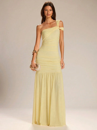 BAE Women's Solid Yellow Asymmetrical Shoulder A-Line Dress, Elegant Vacation Dress, Bridesmaid Dress, Suitable For Graduation Season,Wedding Guest Dress Women