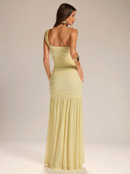 BAE Women's Solid Yellow Asymmetrical Shoulder A-Line Dress, Elegant Vacation Dress, Bridesmaid Dress, Suitable For Graduation Season,Wedding Guest Dress Women