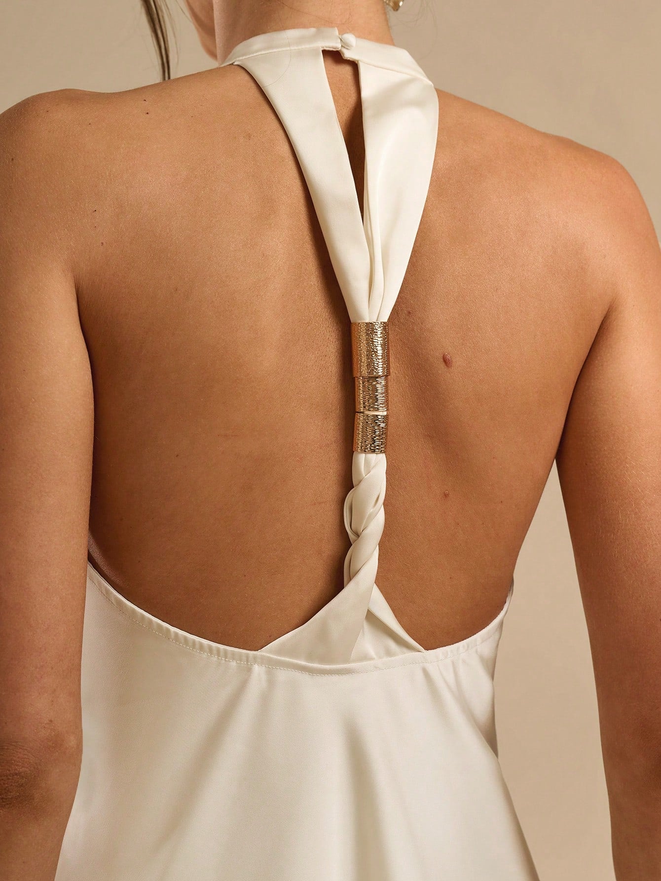 BAE Women's Spring/Summer White Satin Halter Backless Metal Buckle Decor A-Line Mini Dress, Graduation Wedding Guest Holiday