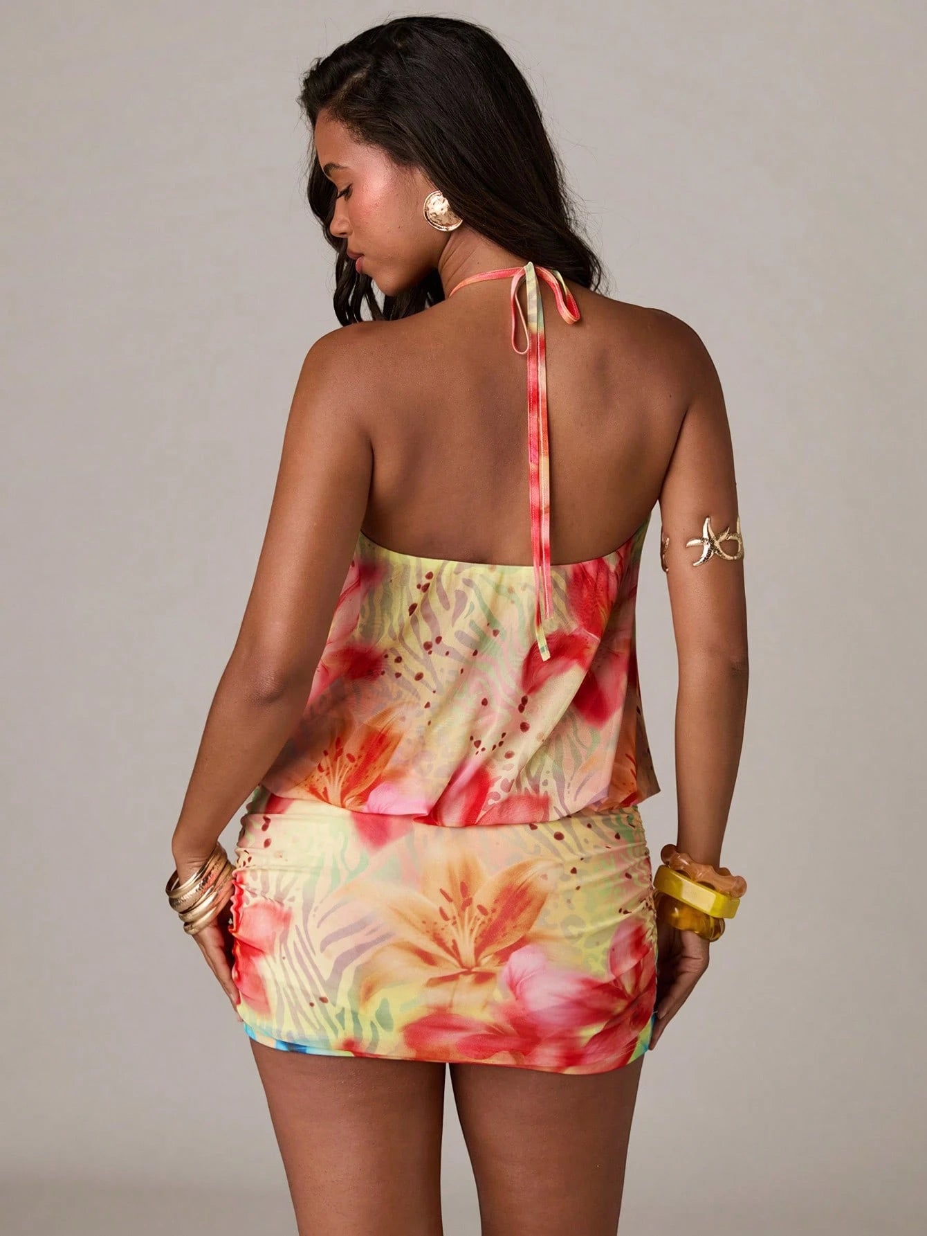 BAE Women's Yellow Summer Boho Beach Vacation Holiday Holiday Halter Metal Decor Floral Print Backless Bodycon Dress,Y2K Music Festival Party Sundress