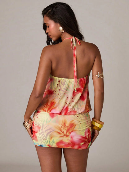 BAE Women's Yellow Summer Boho Beach Vacation Holiday Holiday Halter Metal Decor Floral Print Backless Bodycon Dress,Y2K Music Festival Party Sundress