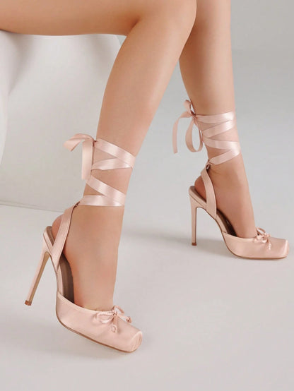 Ballet High Heels For Women Square Toe Satin Mary Janes Lace Up Heels Elegant Ballerina Stiletto Heels With Bow Party Dancing Shoes For Women