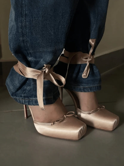 Ballet High Heels For Women Square Toe Satin Mary Janes Lace Up Heels Elegant Ballerina Stiletto Heels With Bow Party Dancing Shoes For Women