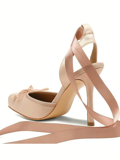 Ballet High Heels For Women Square Toe Satin Mary Janes Lace Up Heels Elegant Ballerina Stiletto Heels With Bow Party Dancing Shoes For Women