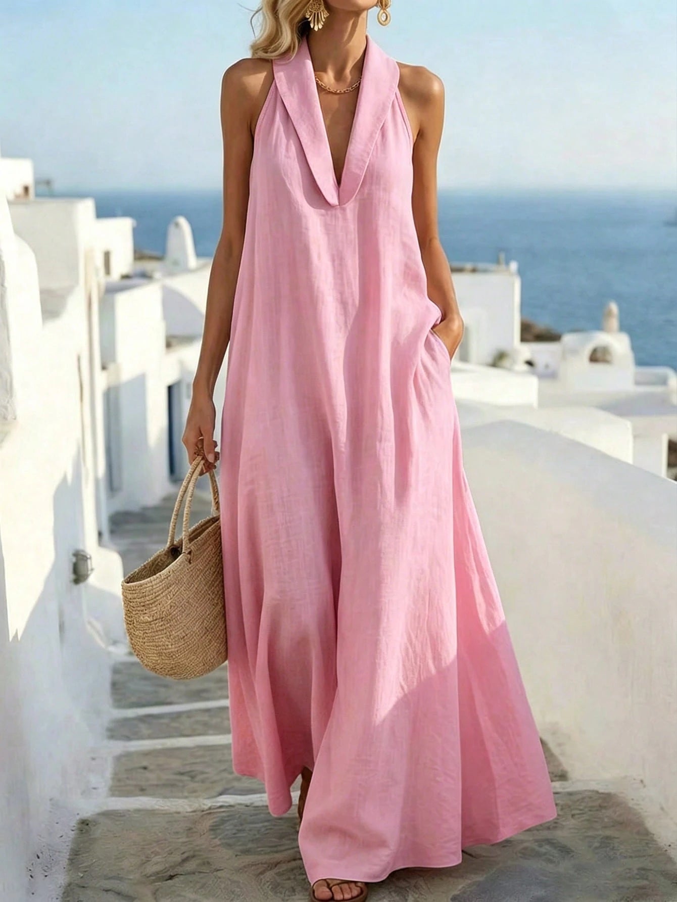 Balvessa Loose Elegant Vintage Relaxed Fit Island Vacation Travel A-Line Sleeveless Women's Dress