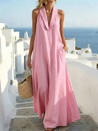 Balvessa Loose Elegant Vintage Relaxed Fit Island Vacation Travel A-Line Sleeveless Women's Dress