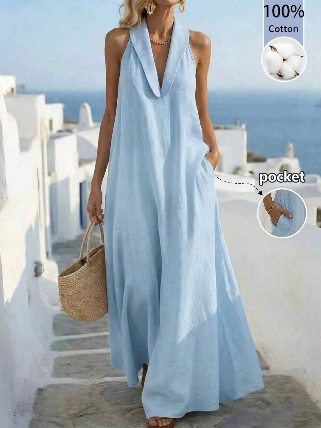 Balvessa Loose Elegant Vintage Relaxed Fit Island Vacation Travel A-Line Sleeveless Women's Dress