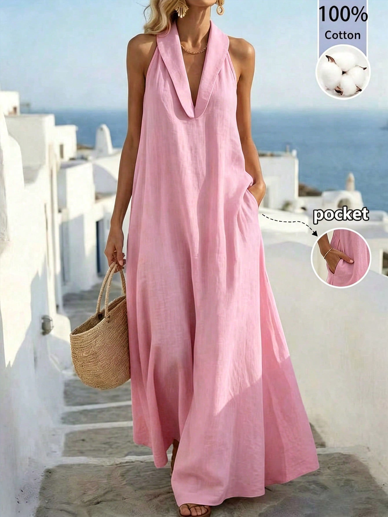 Balvessa Loose Elegant Vintage Relaxed Fit Island Vacation Travel A-Line Sleeveless Women's Dress