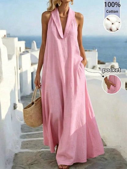 Balvessa Loose Elegant Vintage Relaxed Fit Island Vacation Travel A-Line Sleeveless Women's Dress