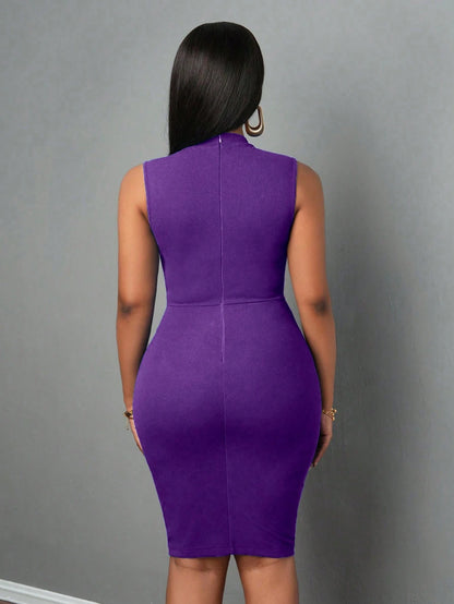 BamGleam Elegant Simple Solid Color Sleeveless Fitted Purple Dress