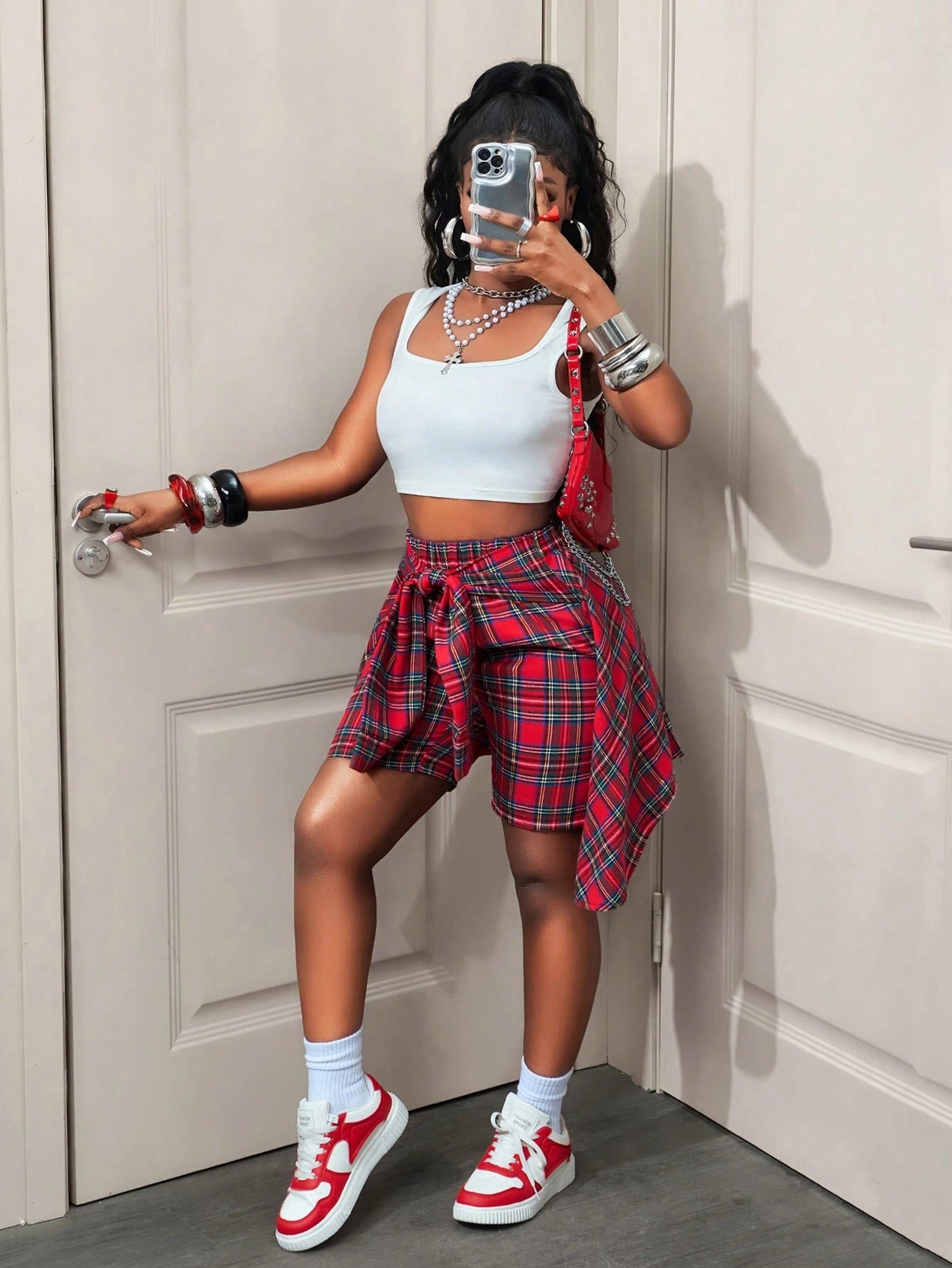 BamGleam Women's Super Cool Casual Plaid Printed Shorts With 2 In 1 Design, Christmas
