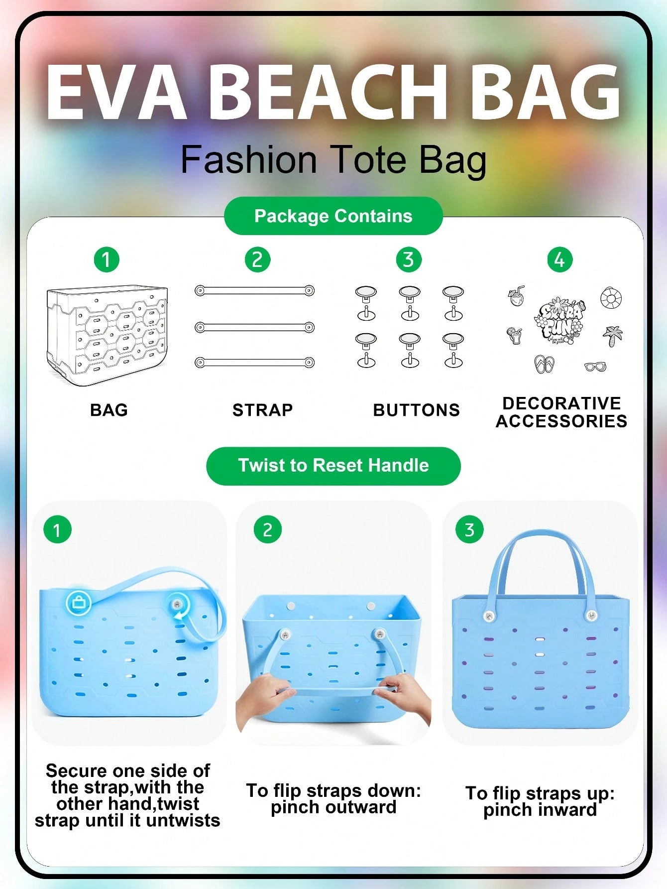 BamShoot X-Large Capacity EVA Tote Bag For Women, Three Size Beach Handbag,Open Design, Lightweight Shoulder Bag, Perfect For Pool, Vacation,Holiday Gift