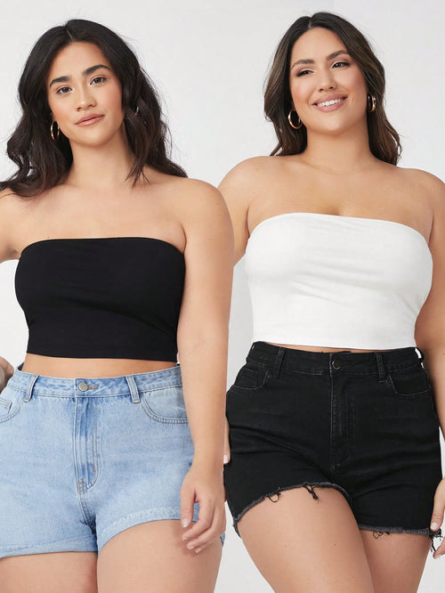 BASICS Plus Size 2 Packs Crop Tube Top/Summer/Off-The-Shoulder Top Summer Tops