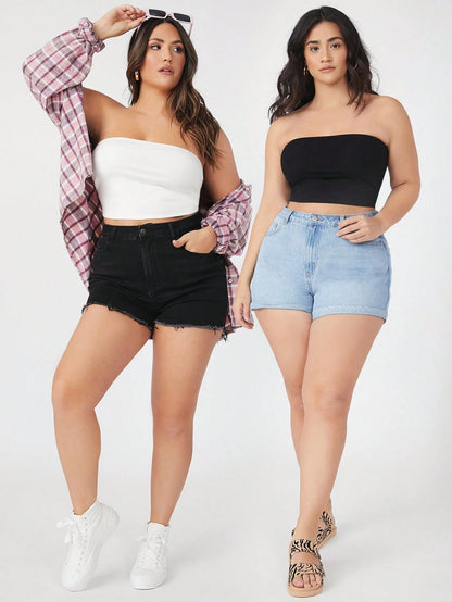 BASICS Plus Size 2 Packs Crop Tube Top/Summer/Off-The-Shoulder Top Summer Tops